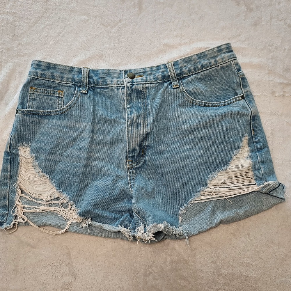 MOMOKROM Light Wash Distressed Denim High Waisted Shorts UK 14 EU 42 US 10